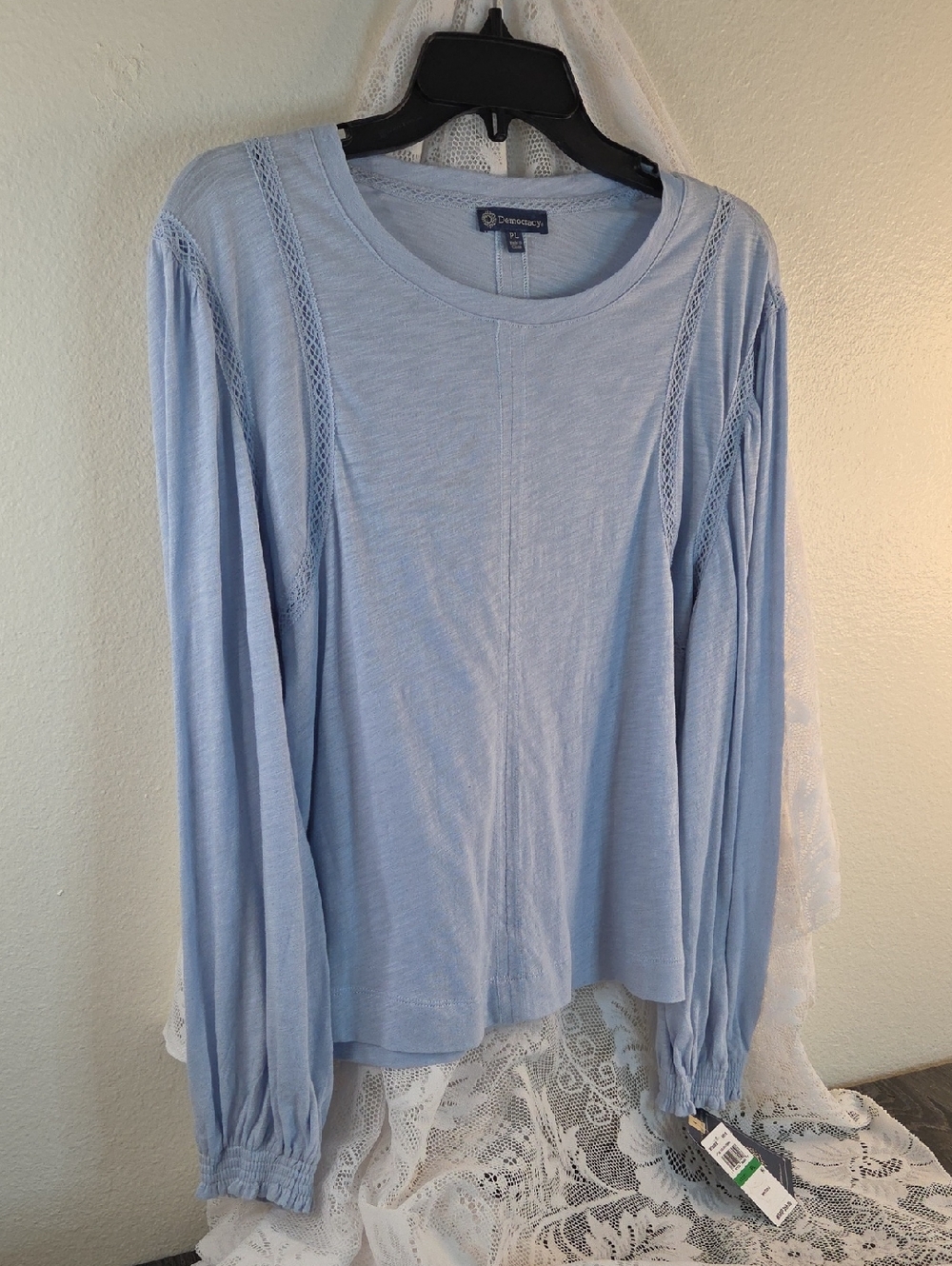 DEMOCRACYPowder Blue Long Sleeve  Top with Lace Insets. NWT $58